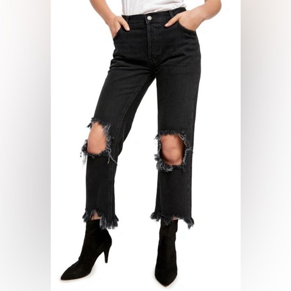 NEW Free People Maggie Mid Rise Distressed Wide Leg Jeans in Washed Black Sz 25